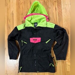 Vtg 90s Columbia 1/4 Zip Neon Anorak Windbreaker Jacket W/ Packable Hood Small